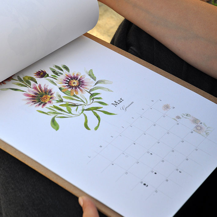 Wall calendar illustrated in watercolor